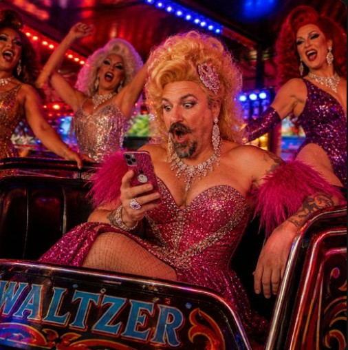 A drag queen on a waltzer looks as social media on her phone. Other drag queens dance around in the background.